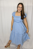 Light Blue breastfeeding/ maternity shirred midi dress with puff sleeves