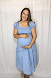 Light Blue breastfeeding/ maternity shirred midi dress with puff sleeves