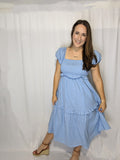Light Blue breastfeeding/ maternity shirred midi dress with puff sleeves