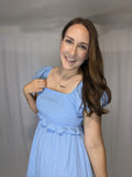 Light Blue breastfeeding/ maternity shirred midi dress with puff sleeves