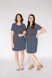 Navy and white striped maternity dress with cinched waist and nursing/breastfeeding panel