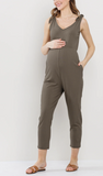 Mocha maternity jumpsuit with tie shoulders for nursing/breastfeeding